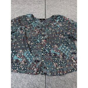 Haver Blouse Top Women's S Multicolor Floral Round Neck Puff Sleeve Button Front